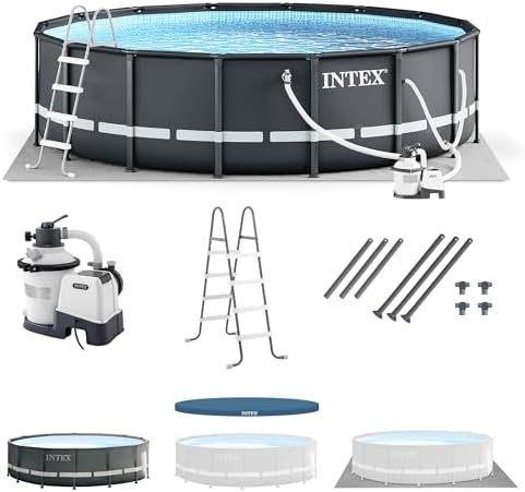 B08RZCQ77J-0-1755895123326.jpg Intex Ultra XTR Frame 14′ x 42″ Round Above Ground Outdoor Swimming Pool Set with Sand Filter Pump, Ladder, Ground Cloth, and Pool Cover - Image 1