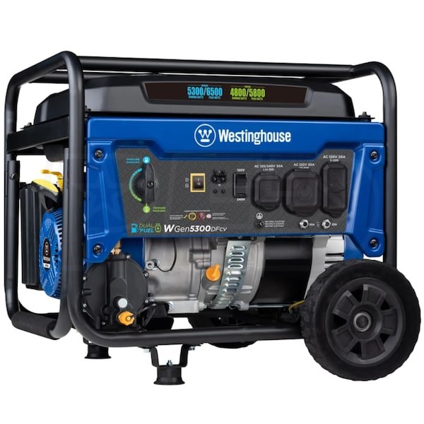 wgen5300dfcv_117174_1000_6a892f42f271defd92aa06bc395ecb06.jpg Westinghouse WGen5300DFcv – 5300 Watt Dual-Fuel Portable Generator w/ RV Outlet & CO Sensor (49-State) - Image 1